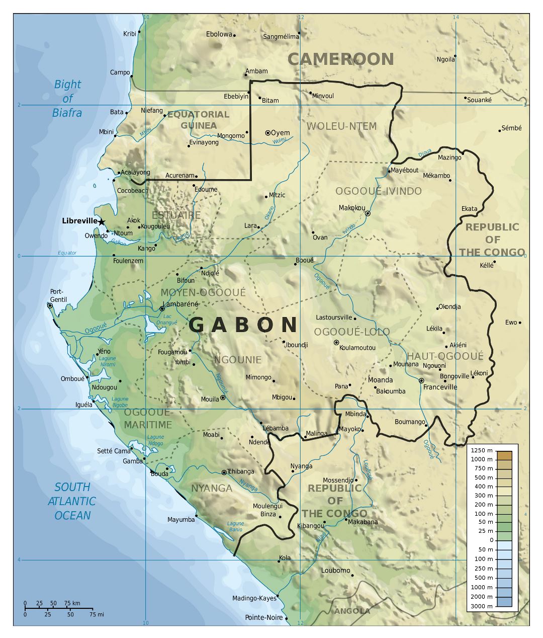 Большая детальная физическая карта Габона с другими пометками