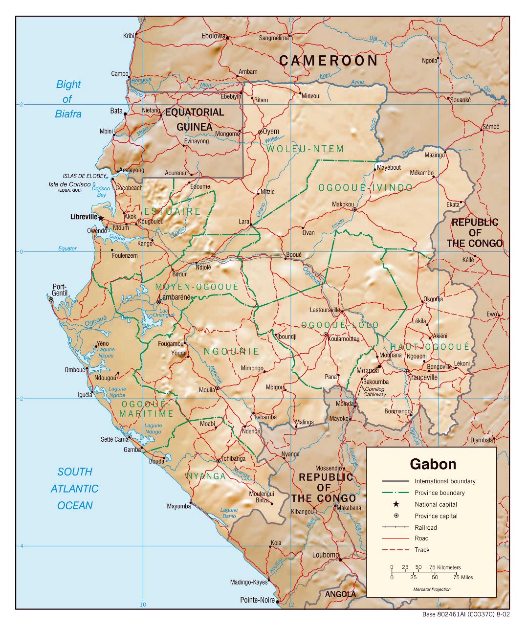 Большая детальная политическая и административная карта Габона с рельефом, дорогами, железными дорогами и крупными городами - 2002