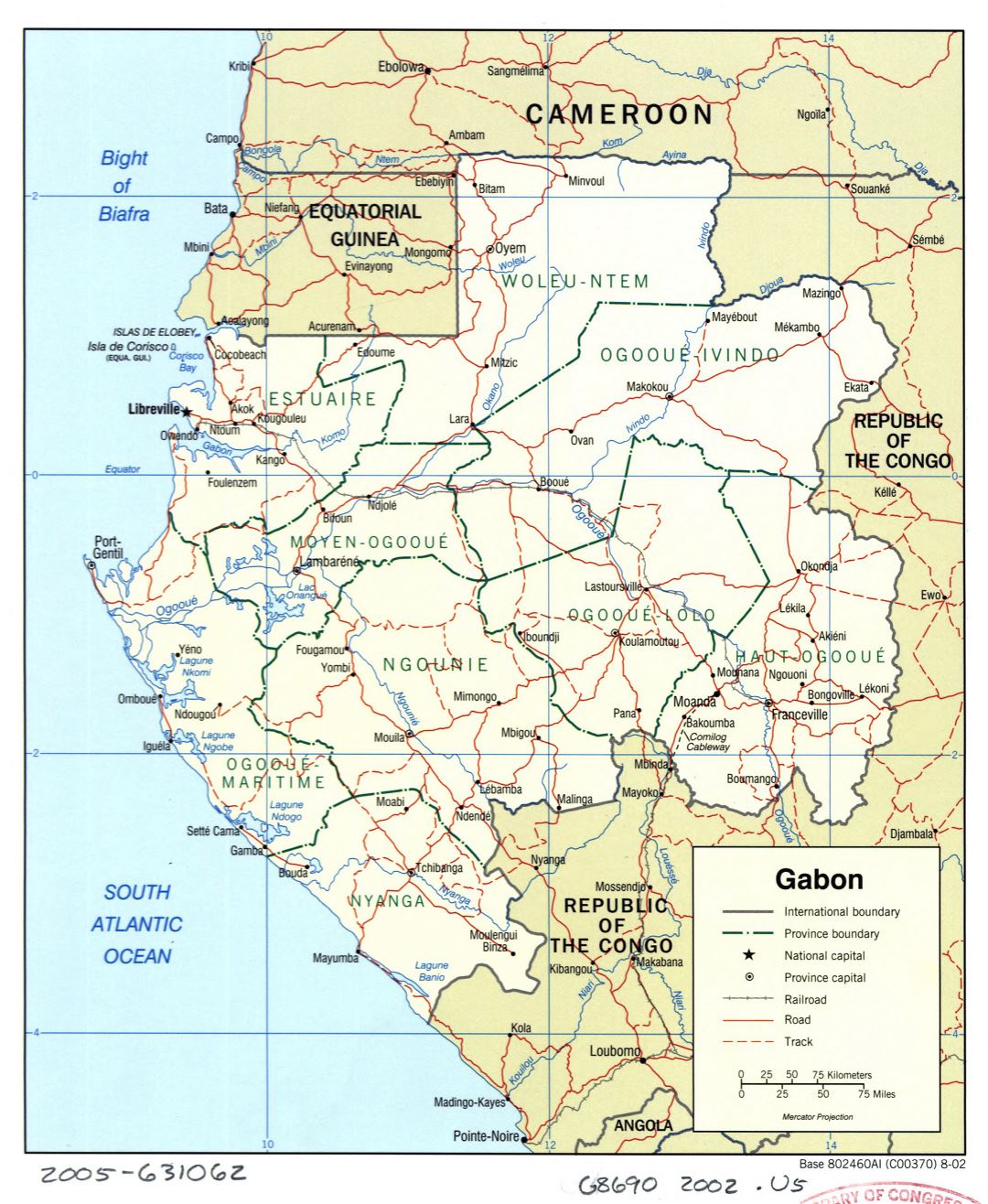 Большая детальная политическая и административная карта Габона с дорогами, железными дорогами и городами - 2002