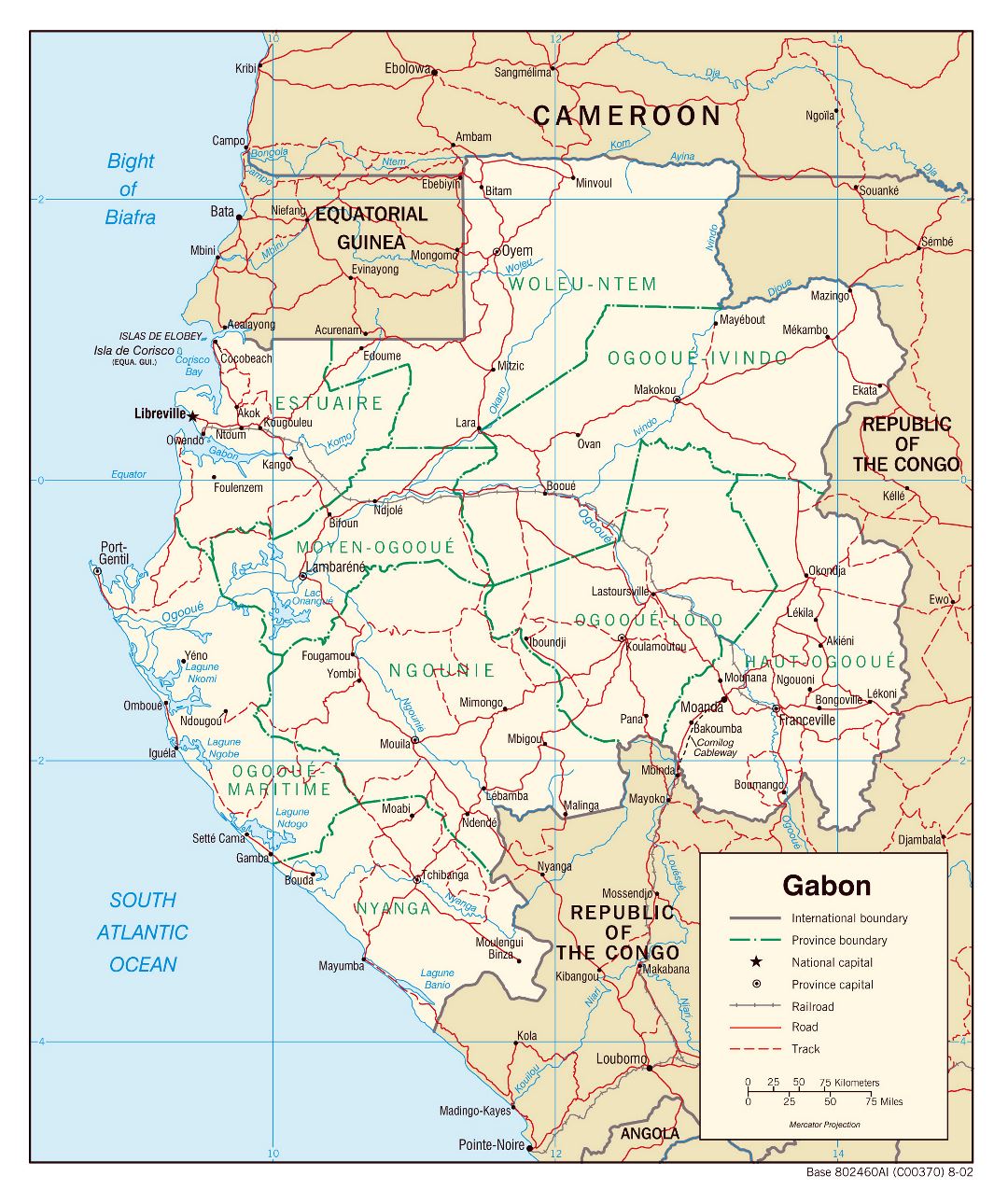 Большая детальная политическая и административная карта Габона с дорогами, железными дорогами и крупными городами - 2002