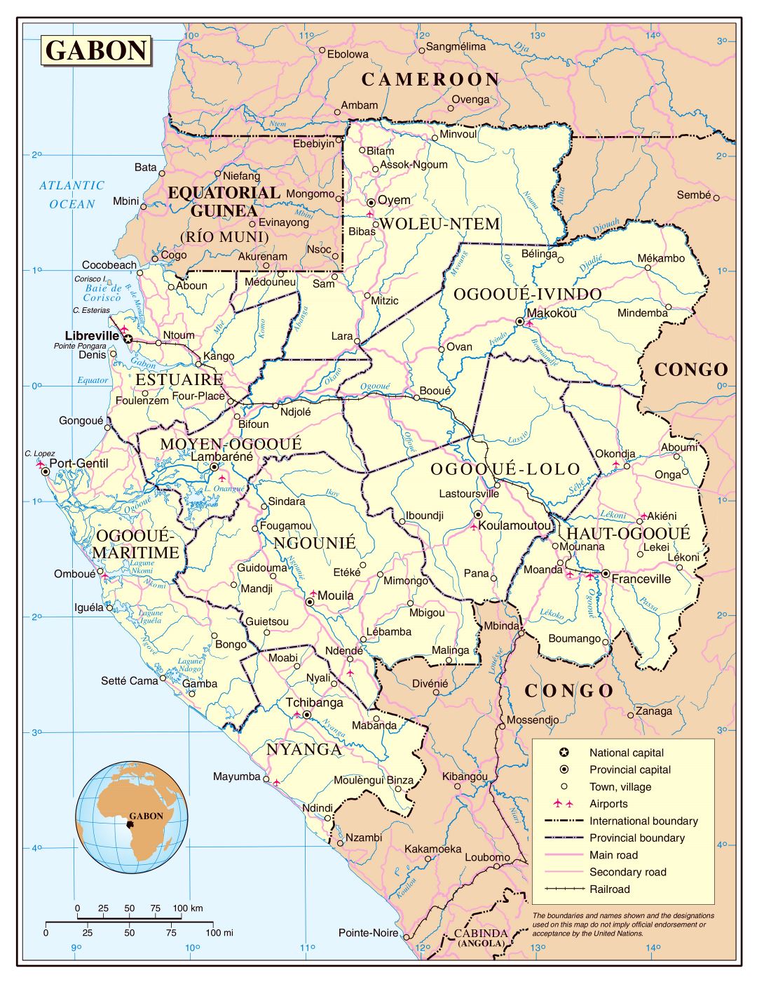 Большая детальная политическая и административная карта Габона с дорогами, железными дорогами, городами и аэропортами