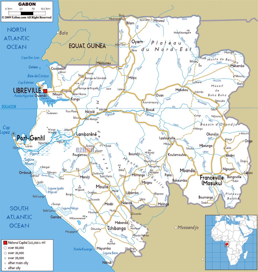 Большая карта дорог Габона с городами и аэропортами