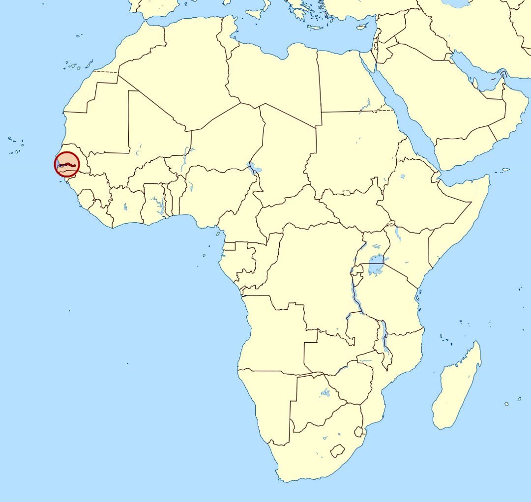 Детальная карта расположения Гамбии в Африке