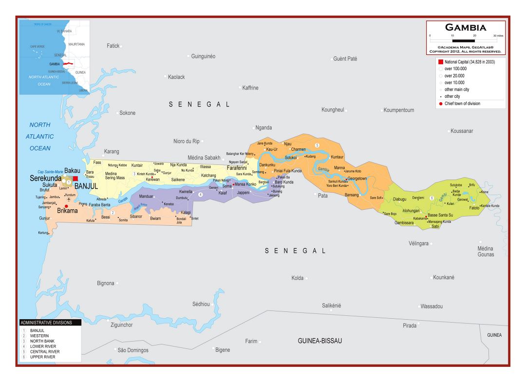 Большая детальная политическая и административная карта Гамбии с дорогами, городами и аэропортами