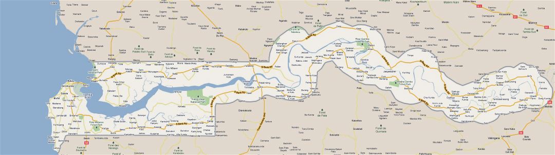 Большая карта дорог Гамбии со всеми городами