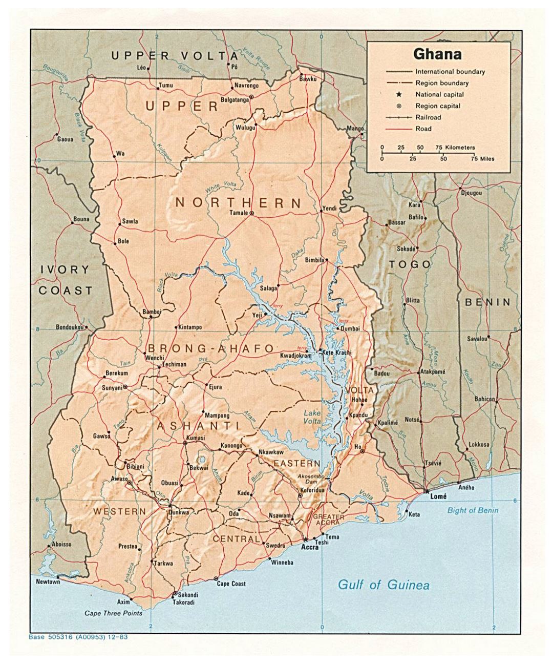 Детальная политическая и административная карта Ганы с рельефом, дорогами, железными дорогами и крупными городами - 1983