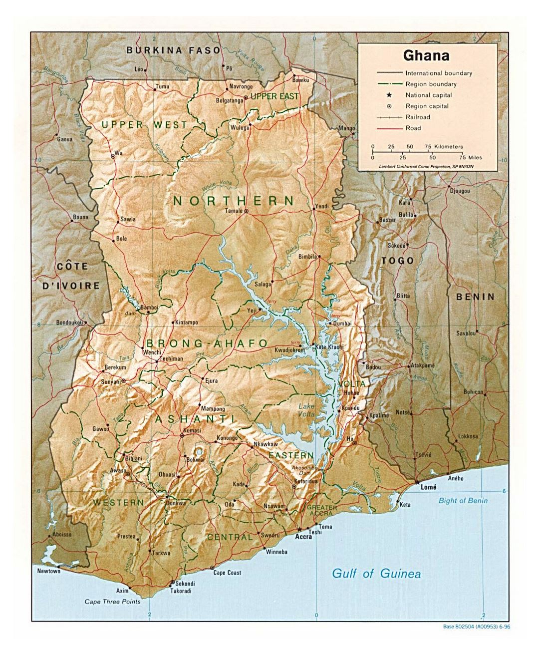 Детальная политическая и административная карта Ганы с рельефом, дорогами, железными дорогами и крупными городами - 1996
