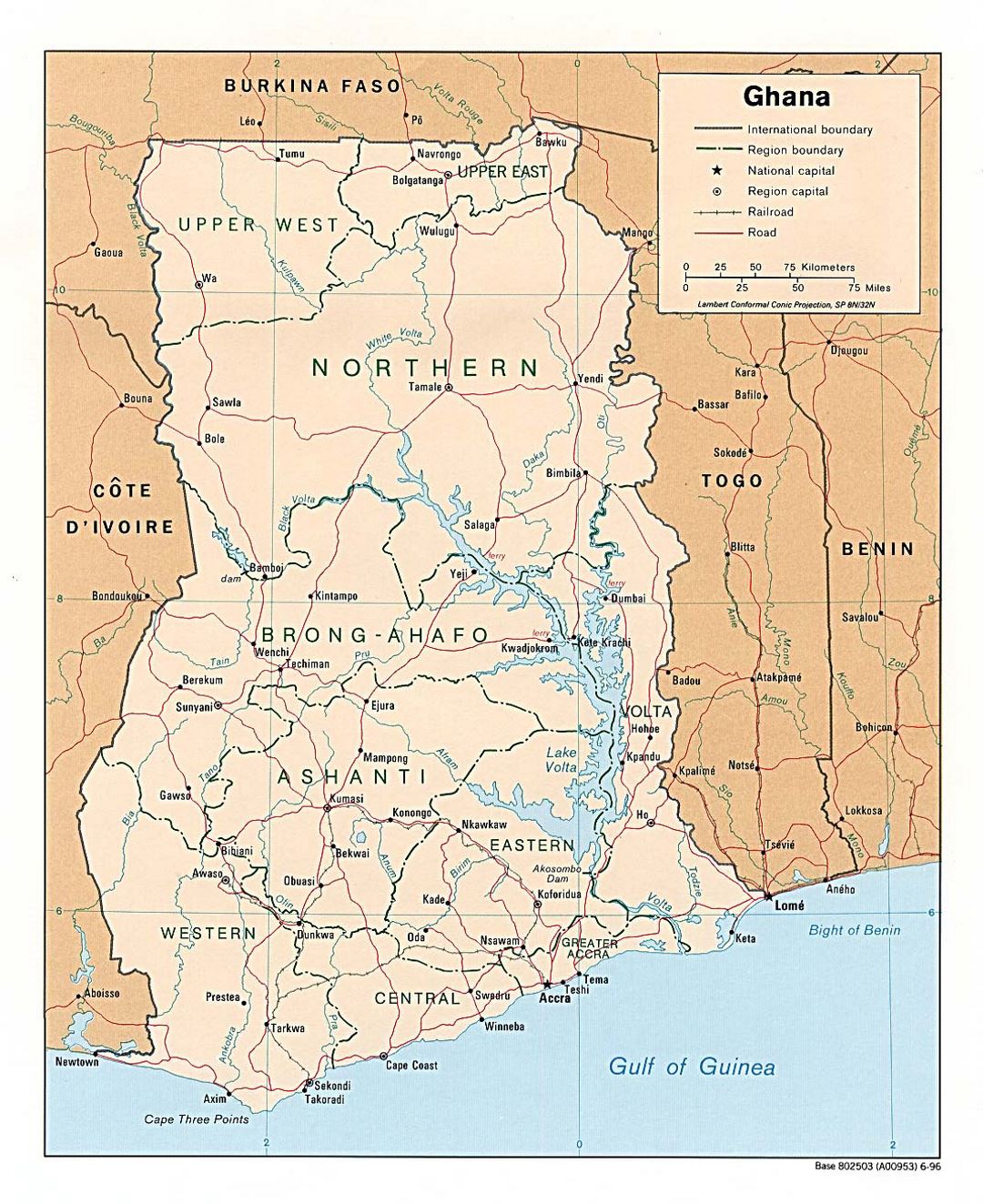 Детальная политическая и административная карта Ганы с дорогами, железными дорогами и крупными городами - 1996
