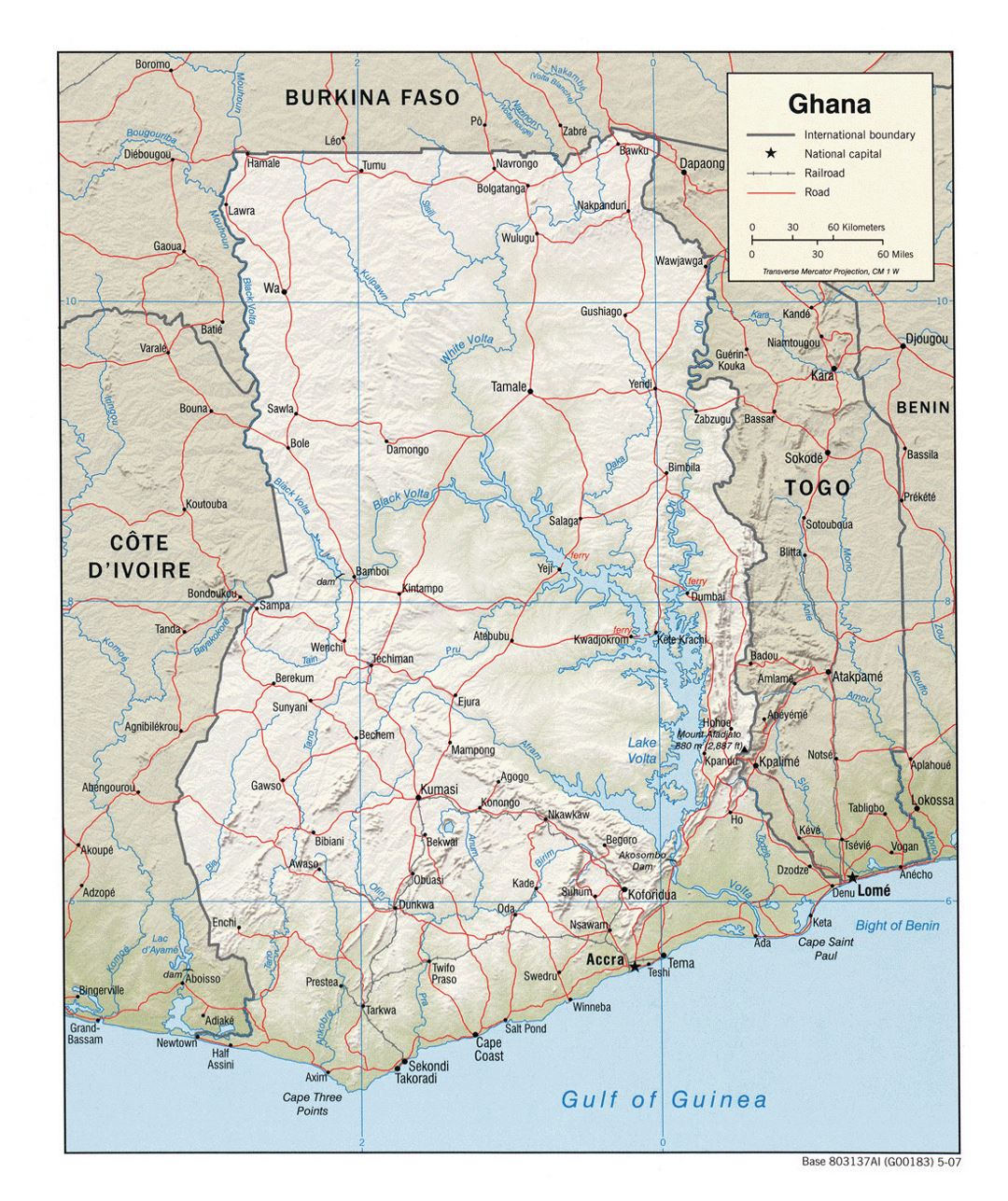 Детальная политическая карта Ганы с рельфом, дорогами, железными дорогами и городами - 2007