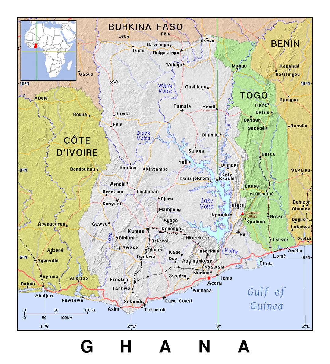 Детальная политическая карта Ганы с рельефом