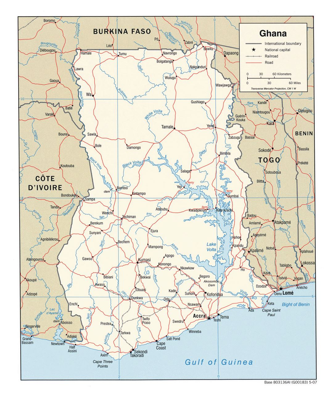 Детальная политическая карта Ганы с дорогами, железными дорогами и городами - 2007