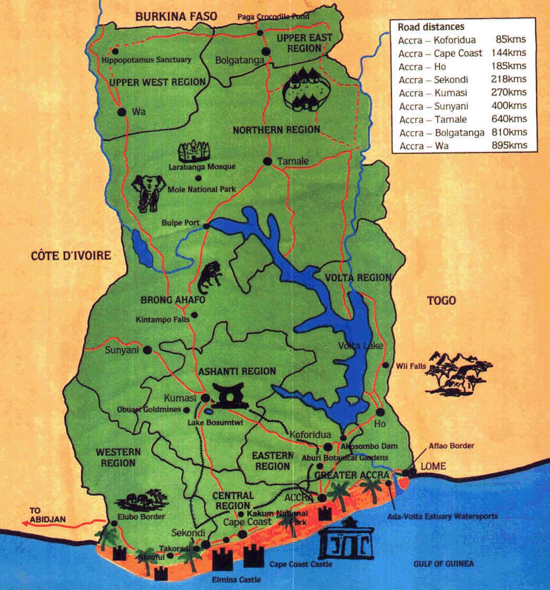 Детальная карта путешествий по Гане