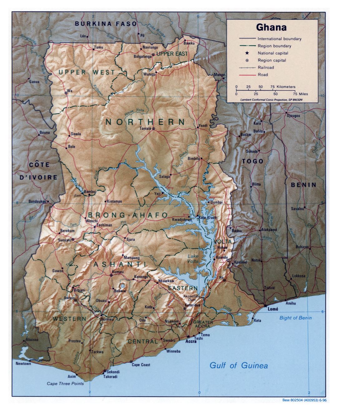Большая детальная политическая и административная карта Ганы с рельефом, дорогами, железными дорогами и крупными городами - 1996