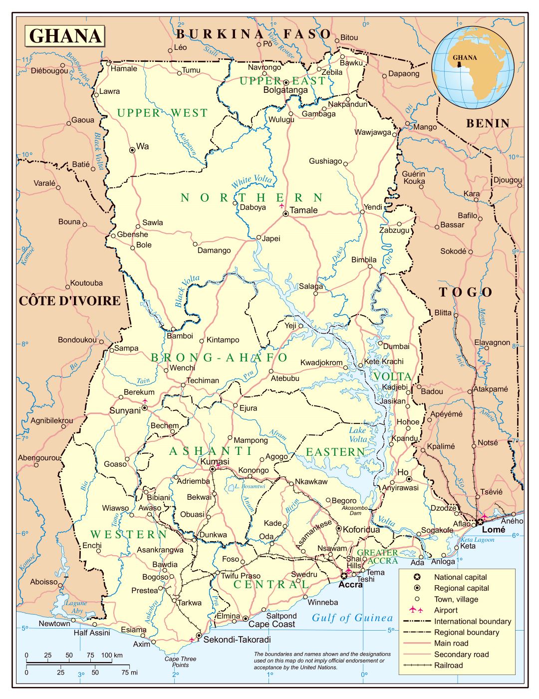 Большая детальная политическая и административная карта Ганы с дорогами, железными дорогами, городами и аэропортами