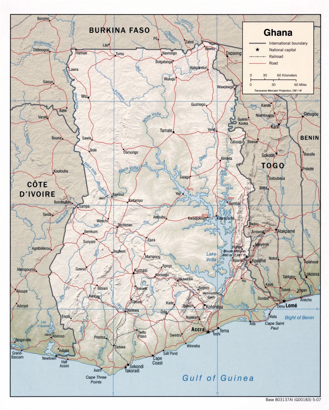 Большая детальная политическая карта Ганы с рельефом, дорогами, железными дорогами и крупными городами - 2007