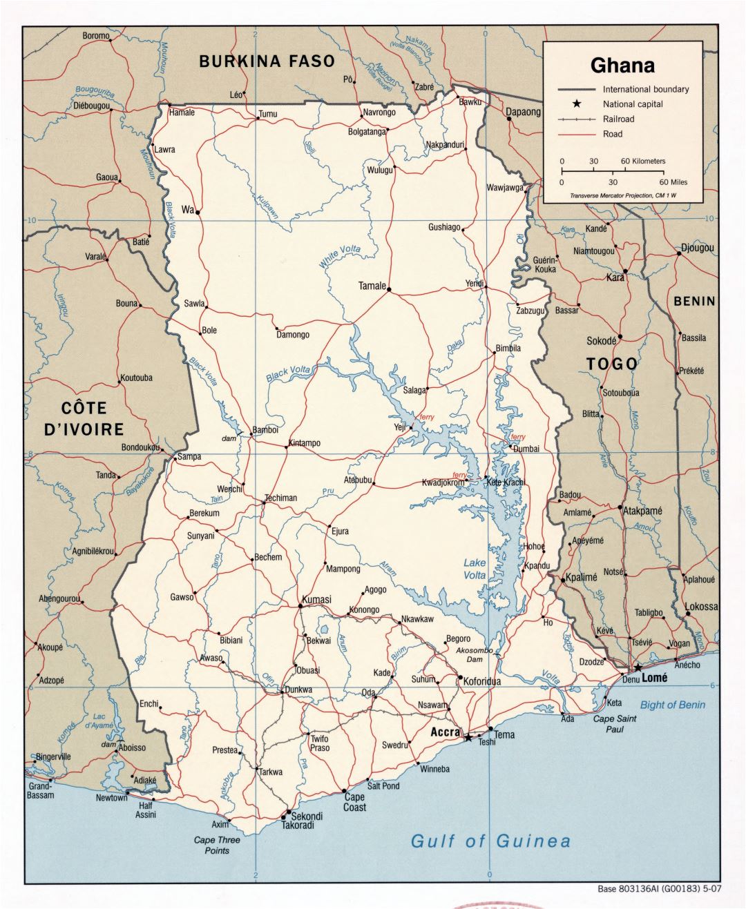 Большая детальная политическая карта Ганы с дорогами, железными дорогами и крупными городами - 2007
