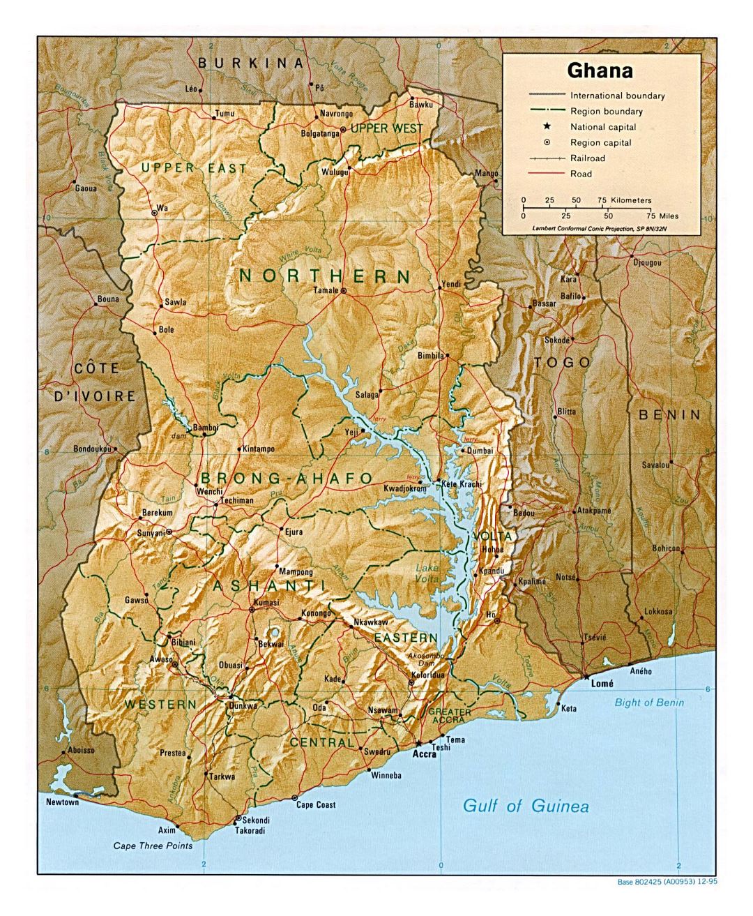Большая политическая и административная карта Ганы с рельефом, дорогами, железными дорогами и крупными городами - 1995
