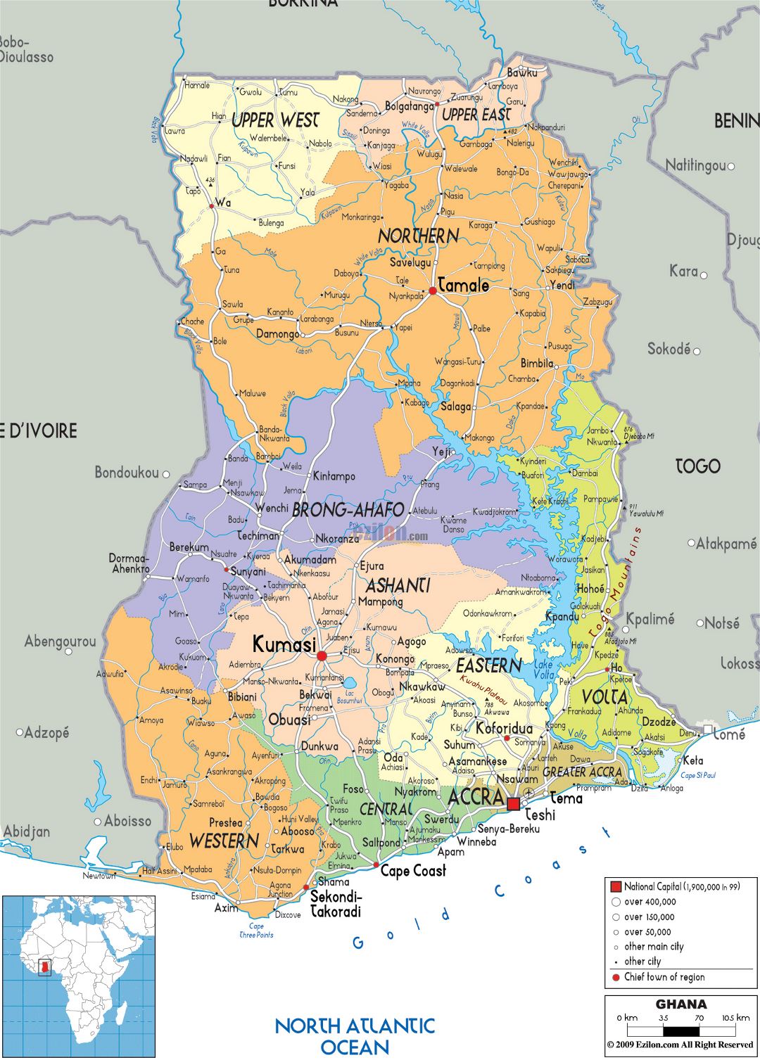 Большая политическая и административная карта Ганы с дорогами, городами и аэропортами