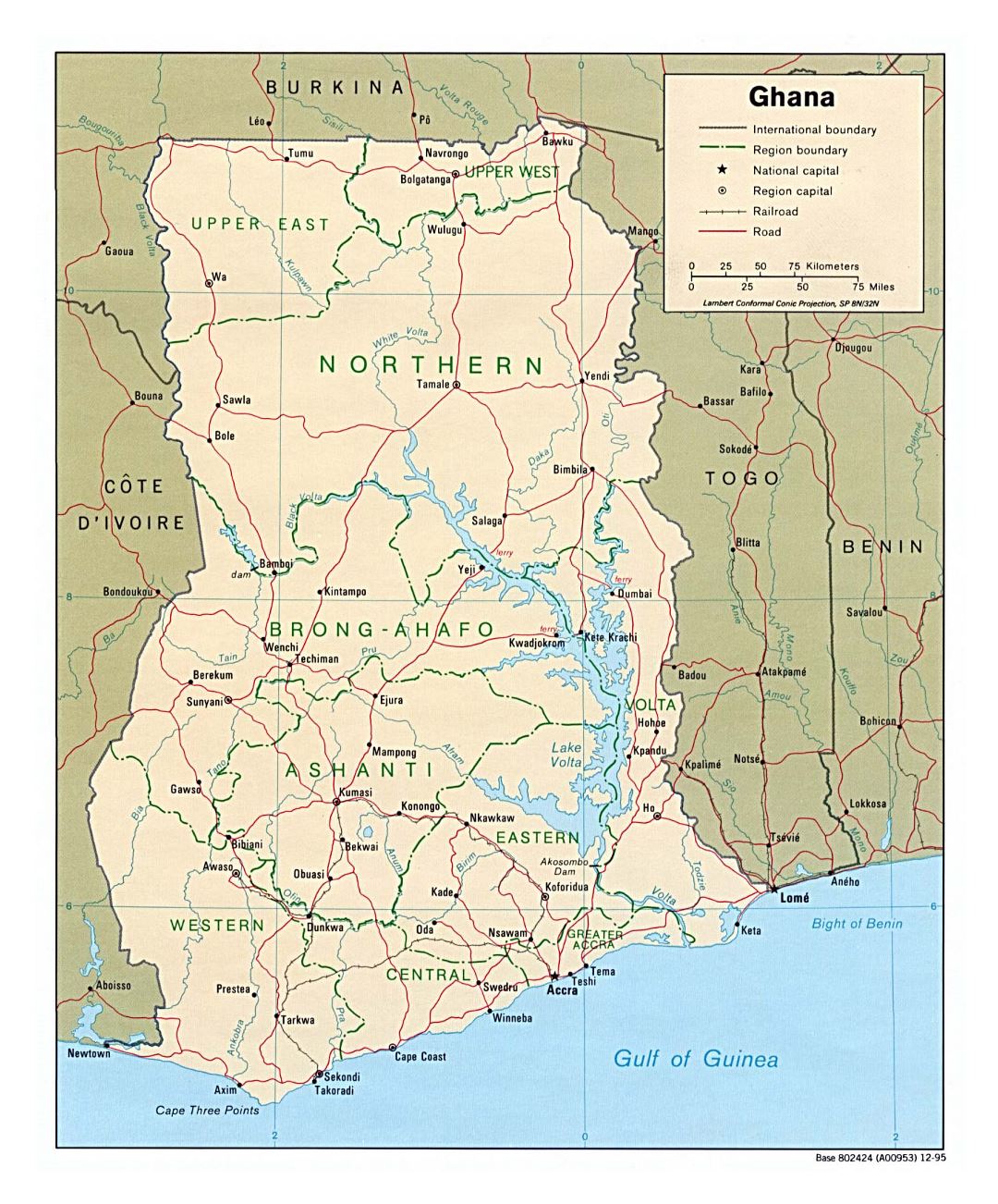 Большая политическая и административная карта Ганы с дорогами, железными дорогами и крупными городами - 1995
