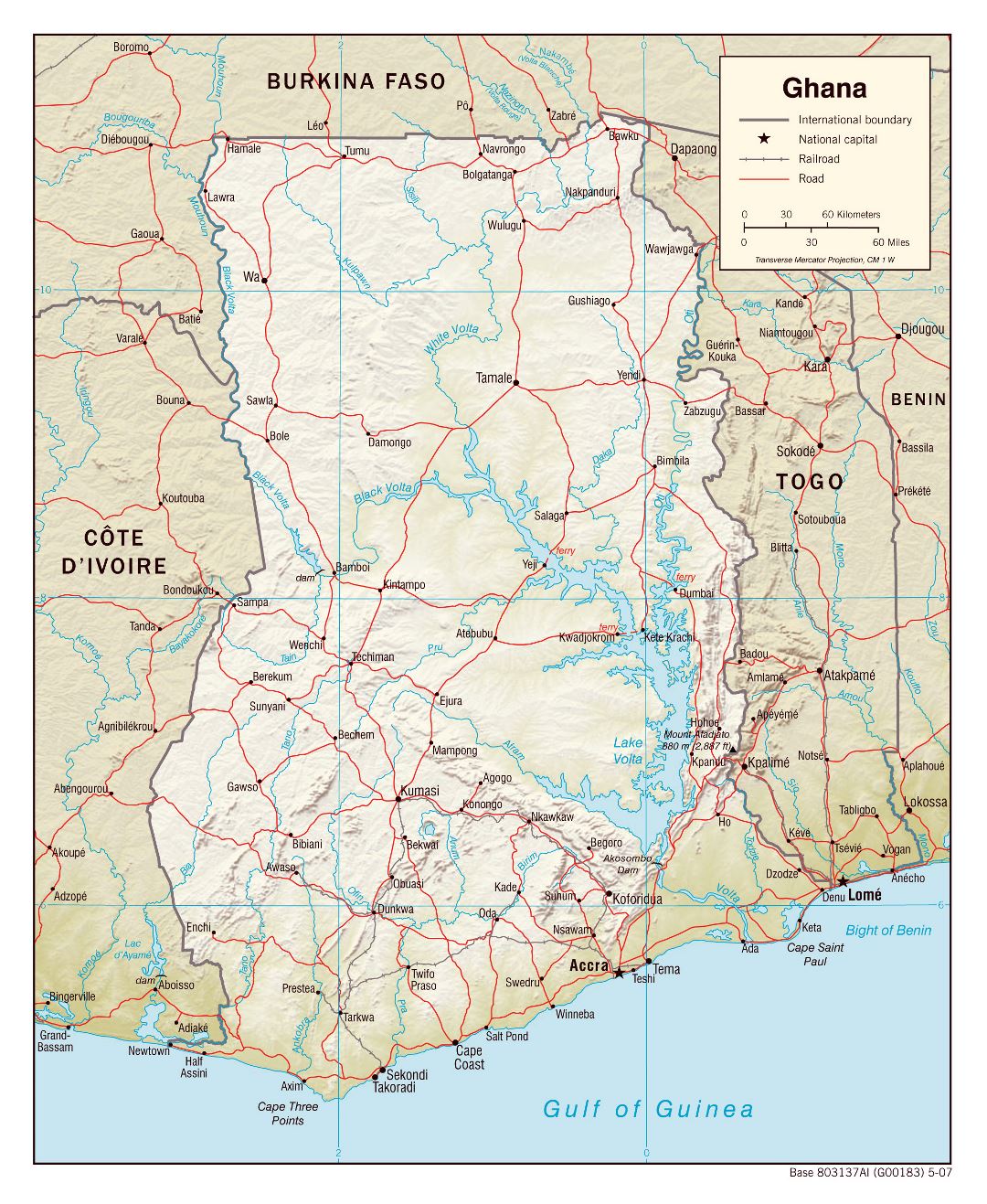 Большая политическая карта Ганы с рельефом, дорогами, железными дорогами и городами - 2007