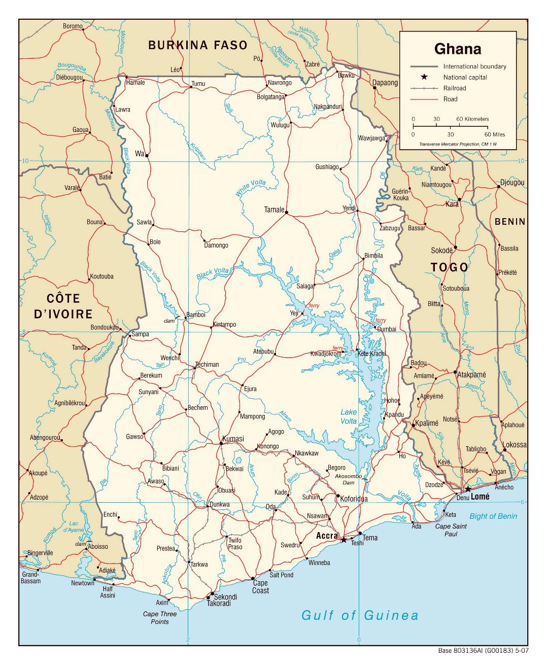 Большая политическая карта Ганы с дорогами, железными дорогами и городами - 2007