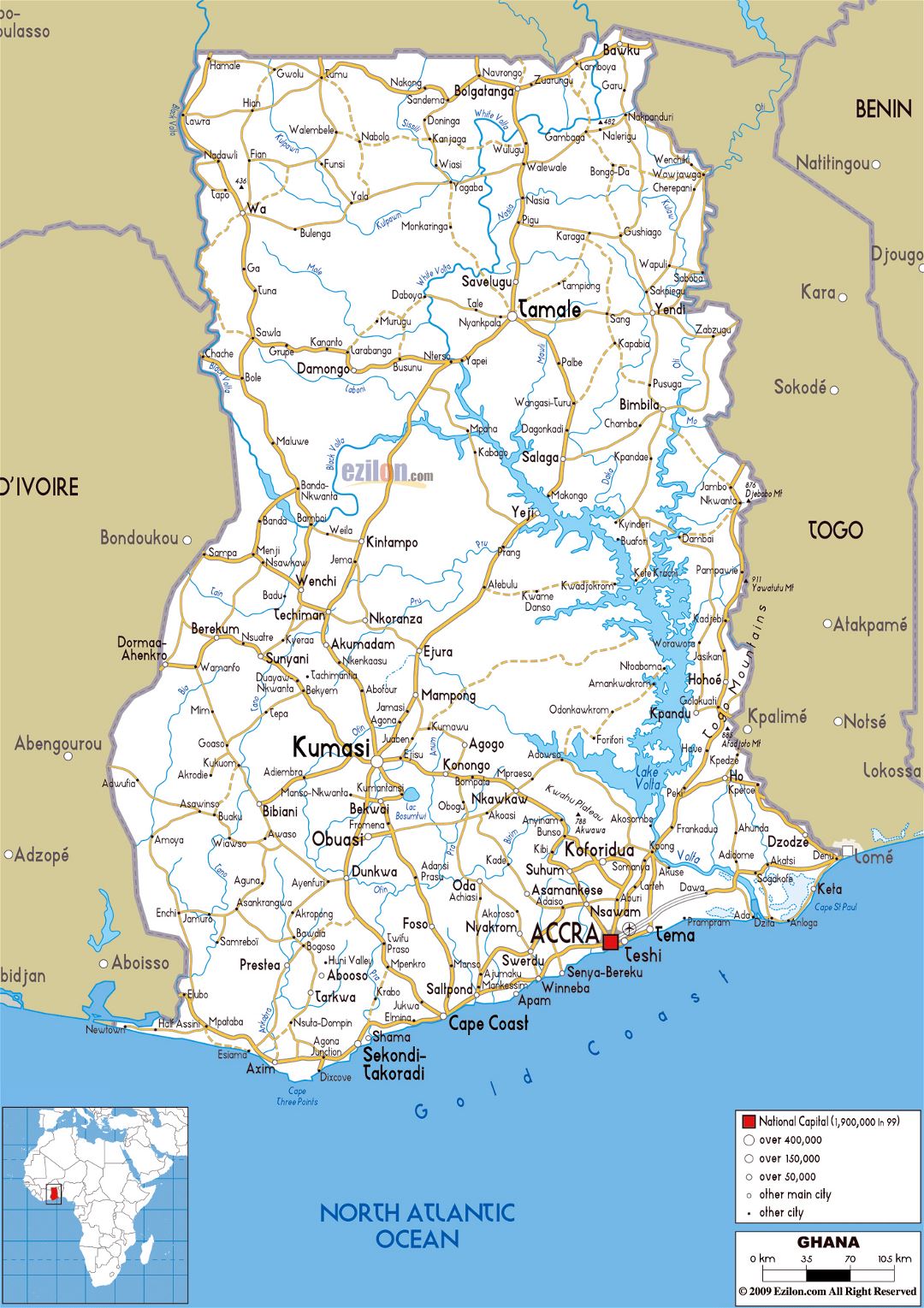 Большая карта дорог Ганы с городами и аэропортами