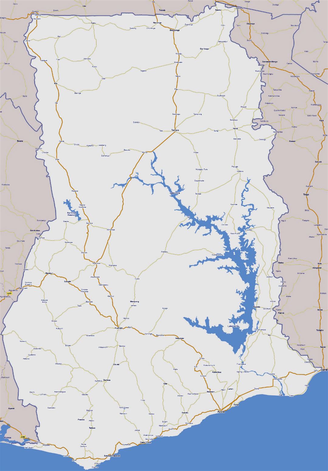 Большая карта дорог Ганы с городами