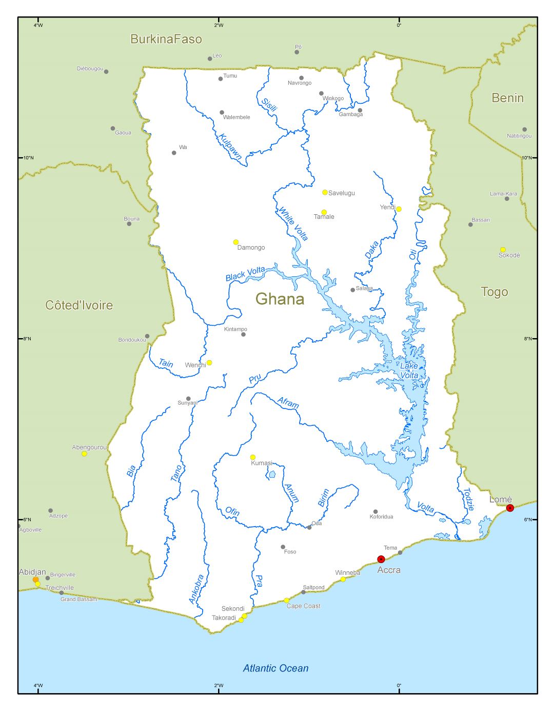 Крупномасштабная карта рек и озер Ганы