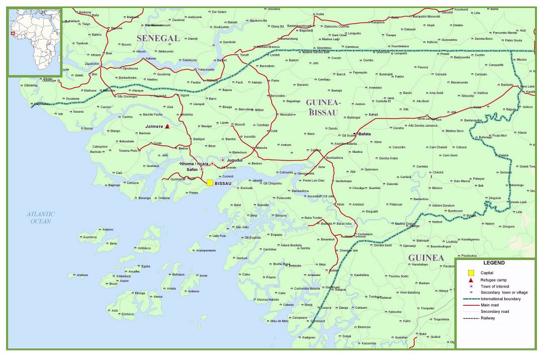 Большая детальная карта Гвинеи-Бисау с дорогами, городами и поселками