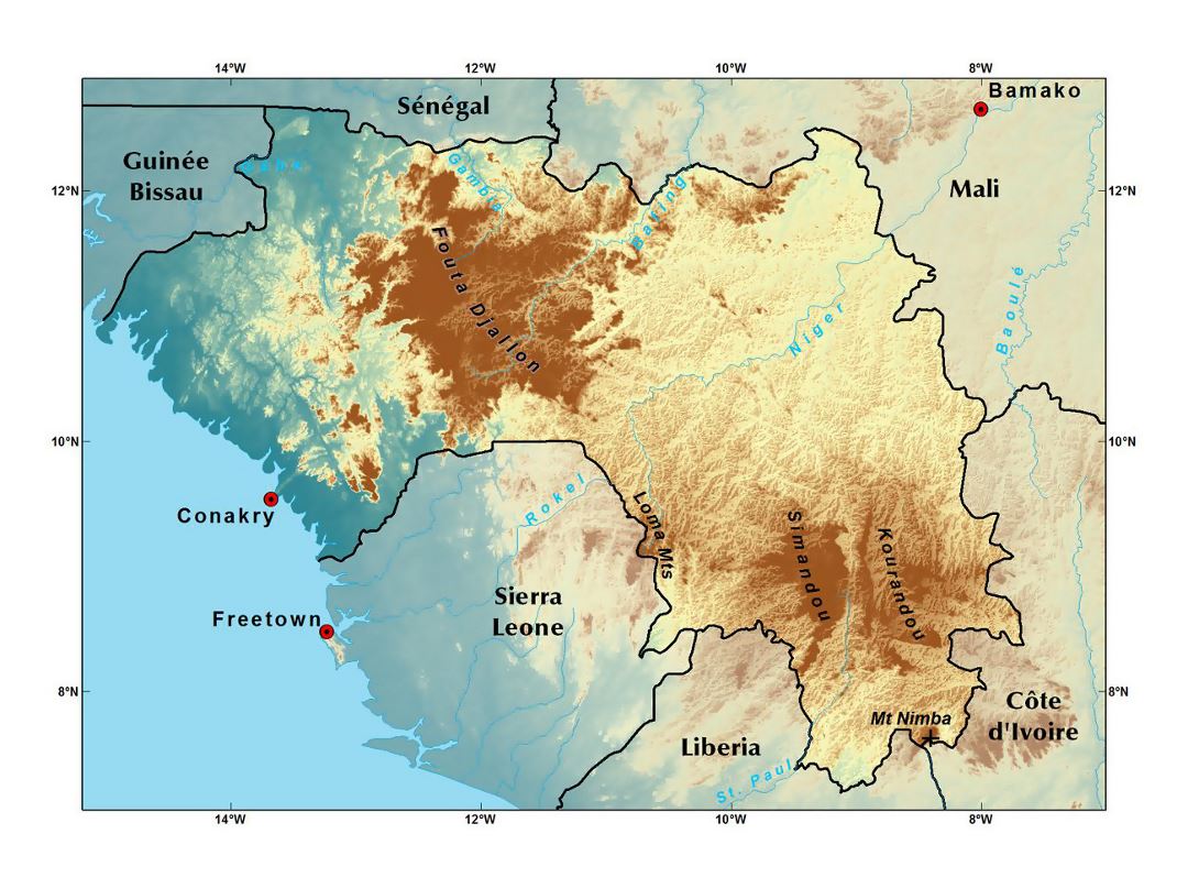 Детальная карта высот Гвинеи