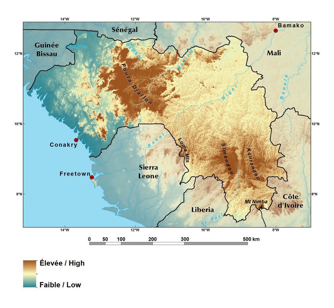 Детальная карта высот Гвинеи с крупными городами