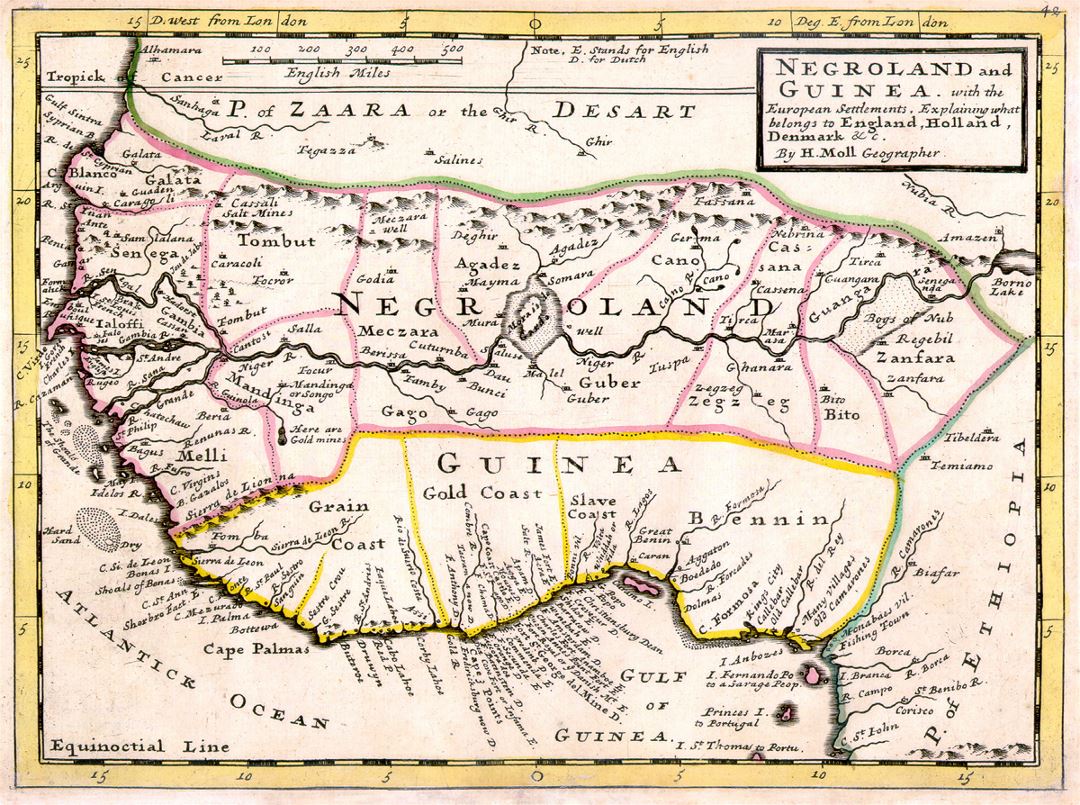 Детальная старая карта Негроленда и Гвинеи с европейскими поселениями - 1736