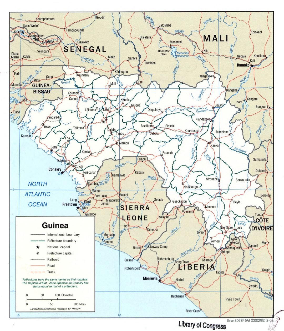 Большая детальная политическая и административная карта Гвинеи с дорогами, железными дорогами и городами - 2002