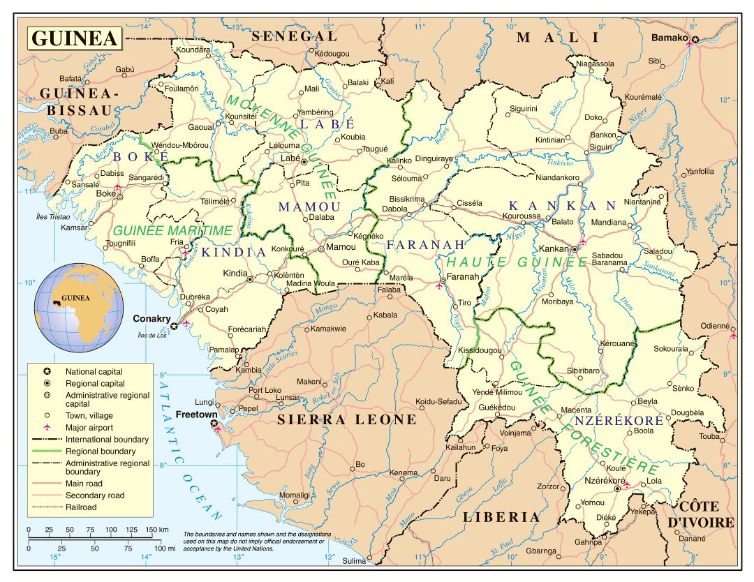 Большая детальная политическая и административная карта Гвинеи с дорогами, железными дорогами, городами и аэропортами