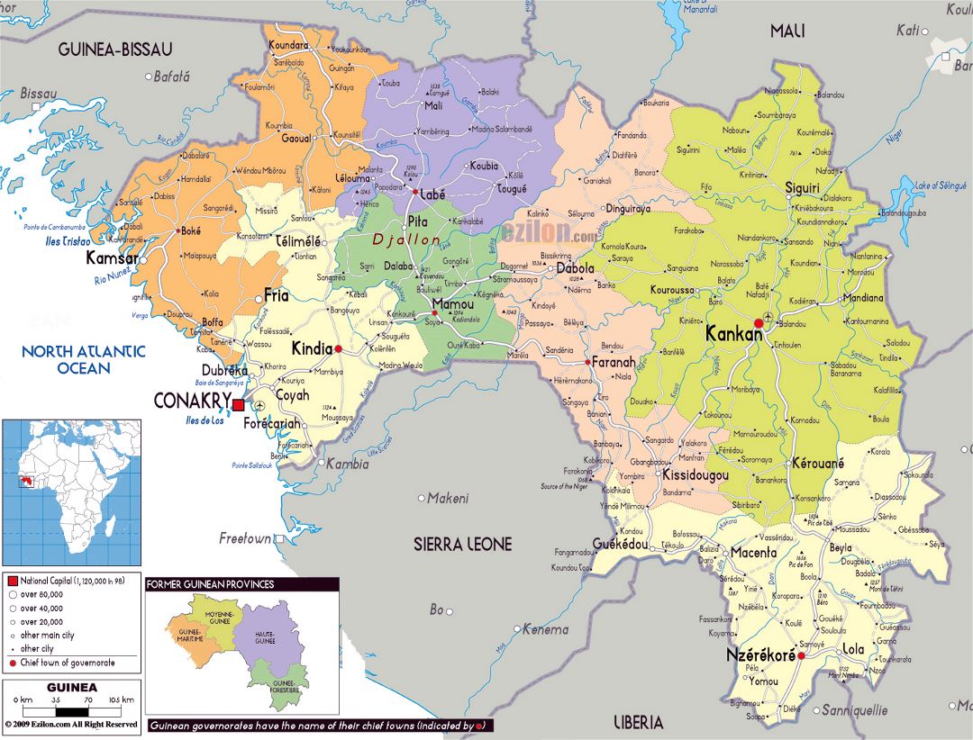 Большая политическая и административная карта Гвинеи с дорогами, городами и аэропортами