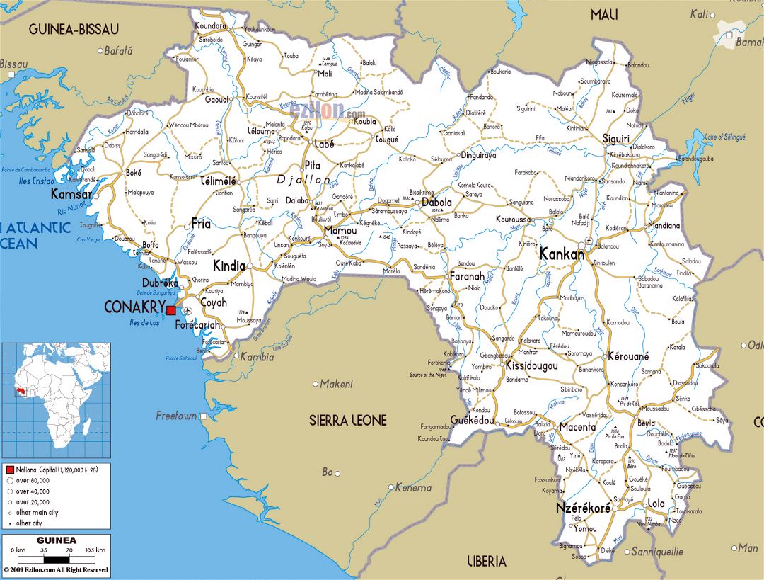 Большая карта дорог Гвинеи с городами и аэропортами