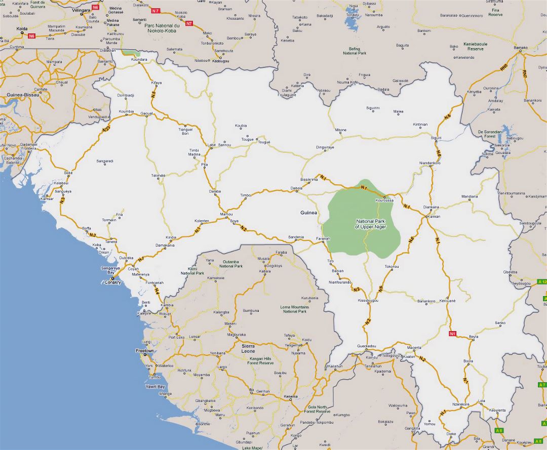 Большая карта дорог Гвинеи с городами