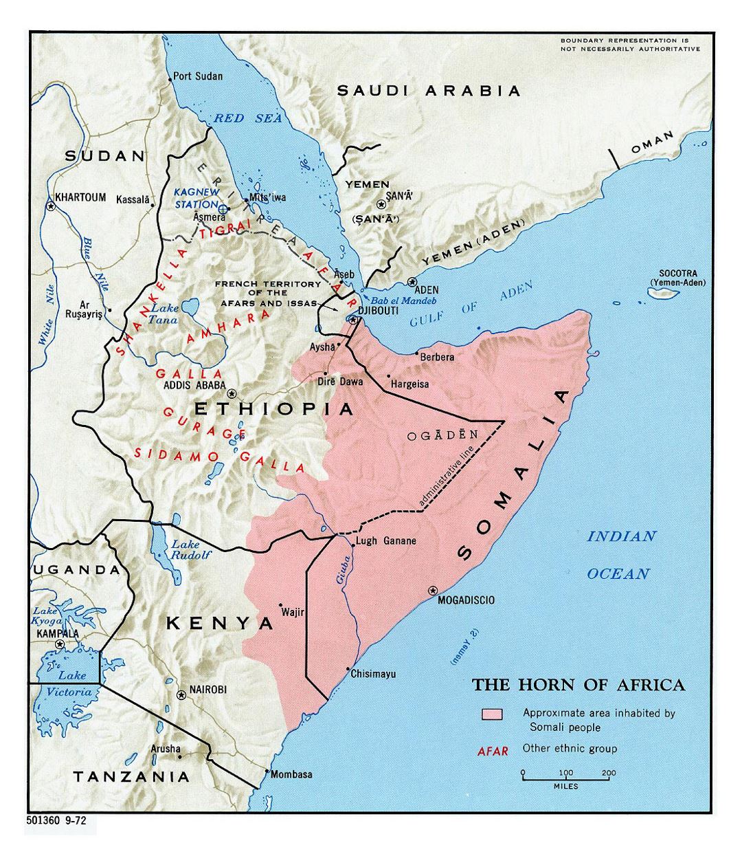 Подробная карта Африканского Рога с рельефом - 1972