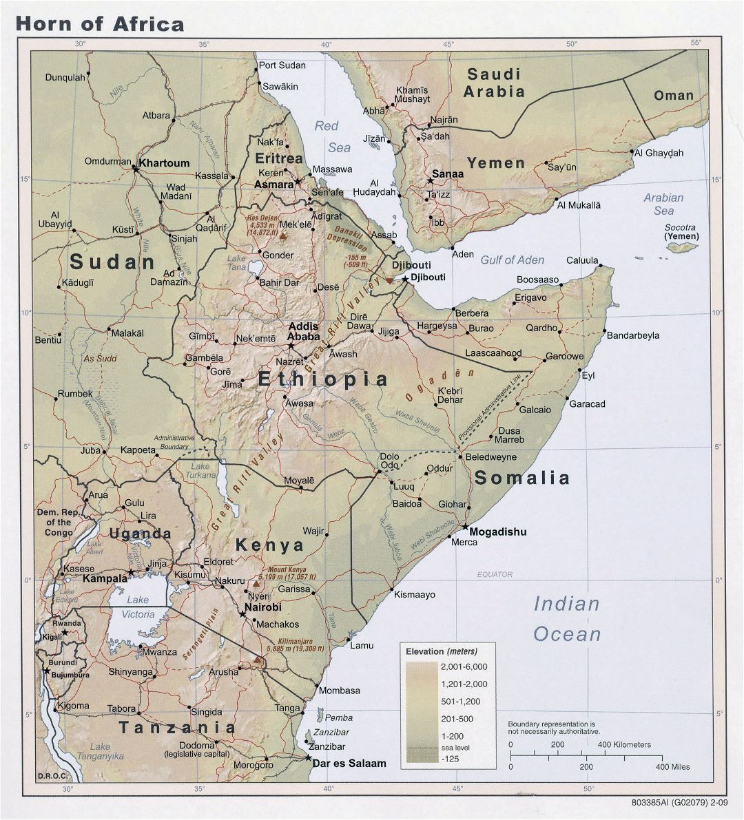 Большая подробная карта высот Африканского Рога - 2009
