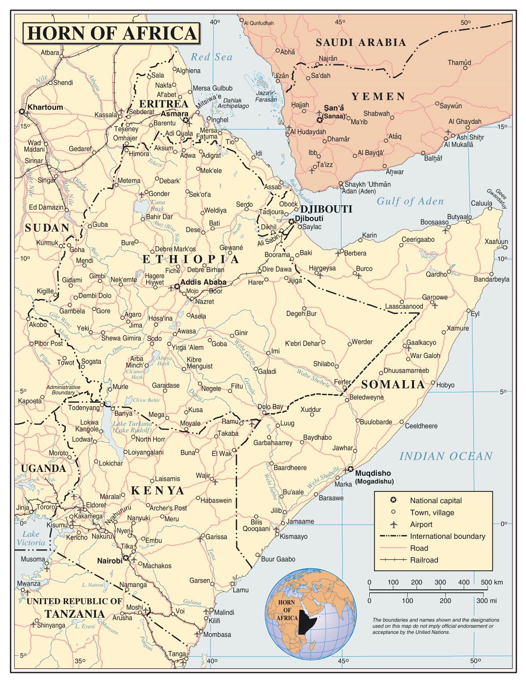 Большая подробная политическая карта Африканского Рога с дорогами, железными дорогами, городами и аэропортами