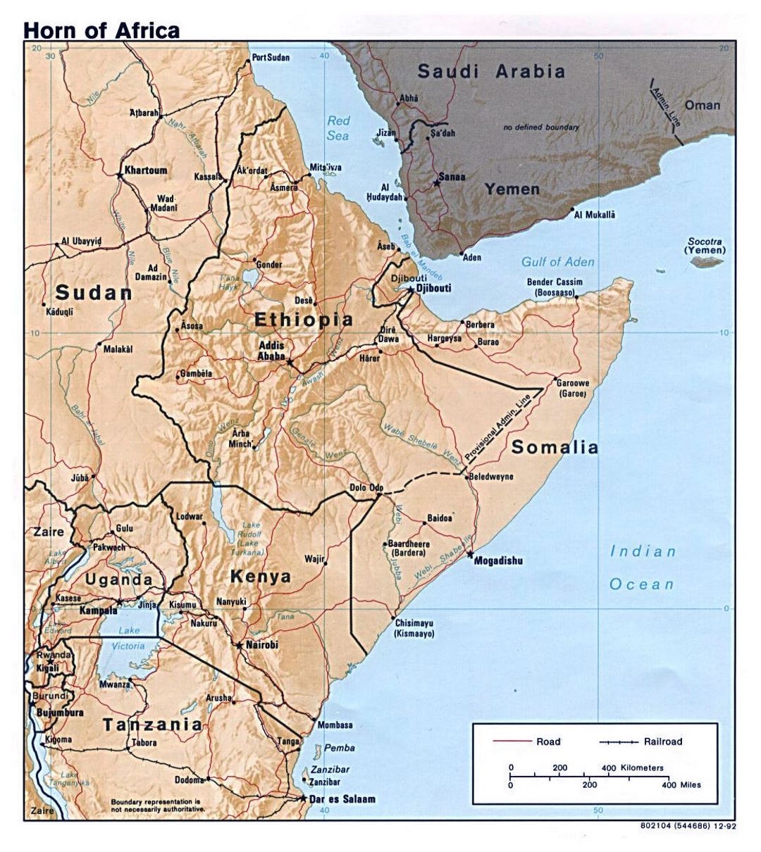 Большая политическая карта Африканского Рога с рельефом - 1992