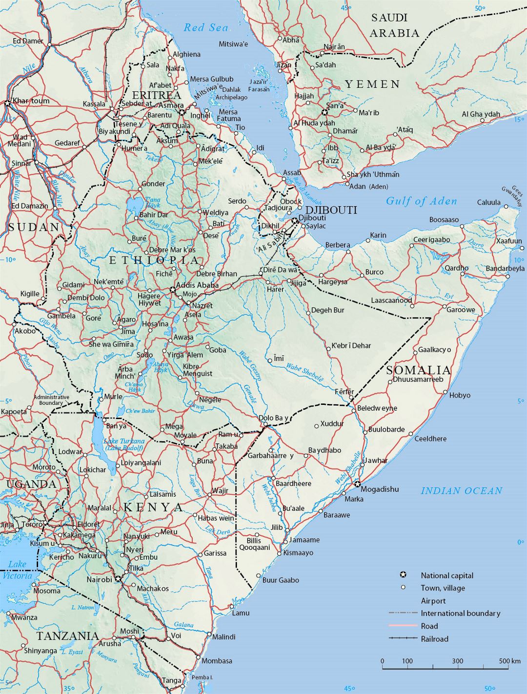 Большая политическая карта Африканского Рога с рельефом, дорогами, железнодорожными сообщениями и городами