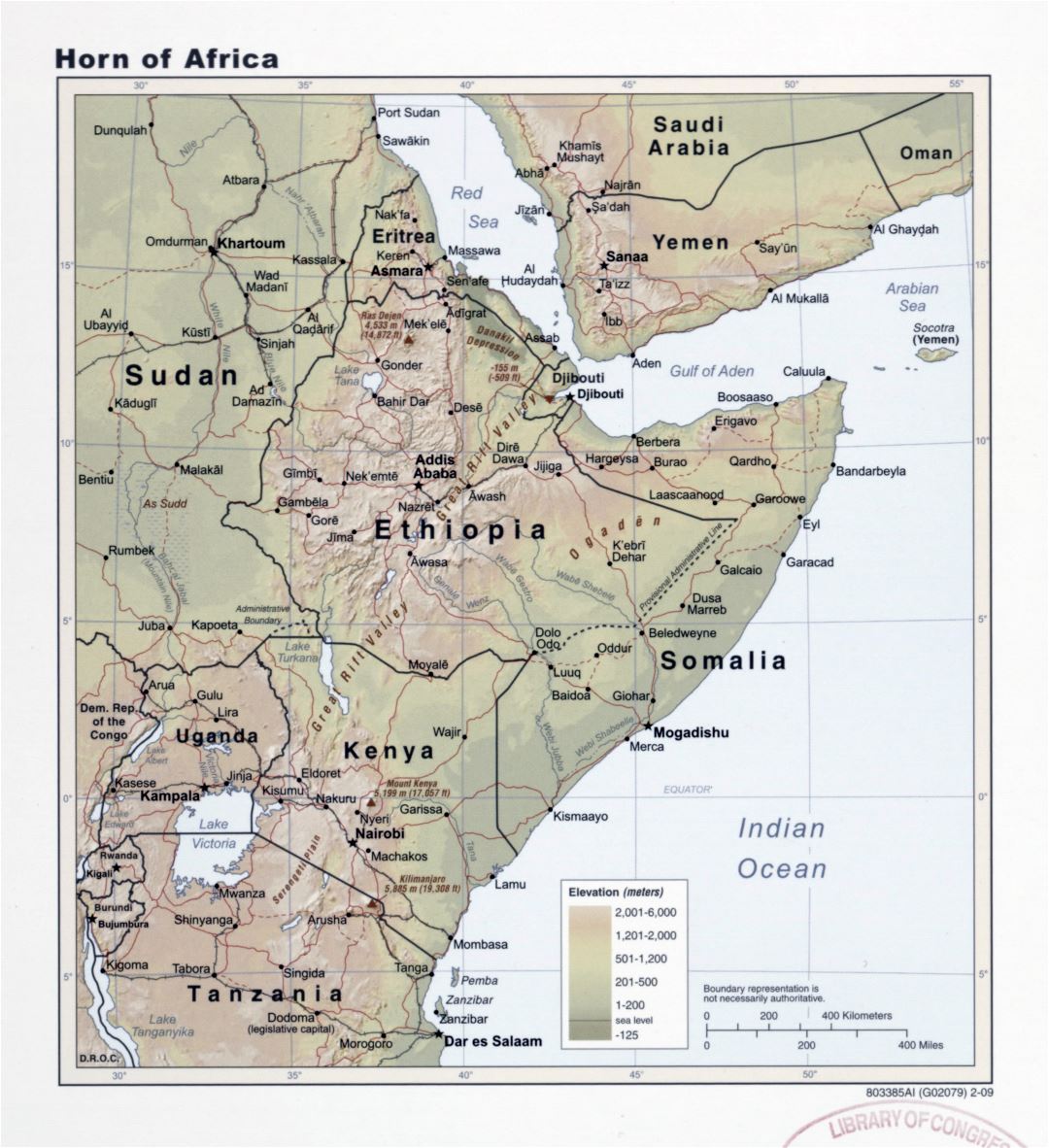 Крупномасштабная карта высот Африканского Рога с дорогами и городами - 2009