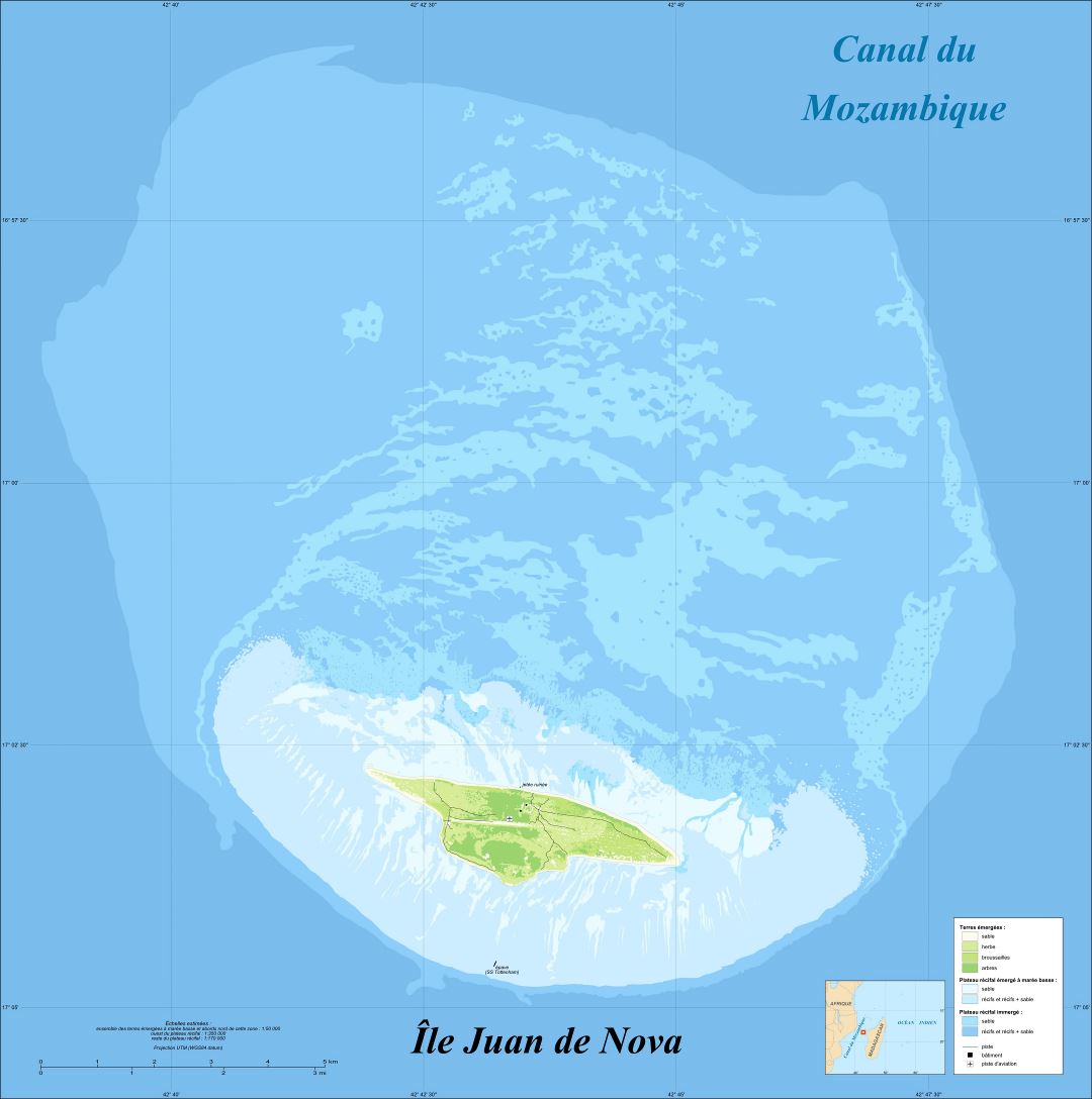 Большая подробная карта высот острова Жуан-ди-Нова на французском