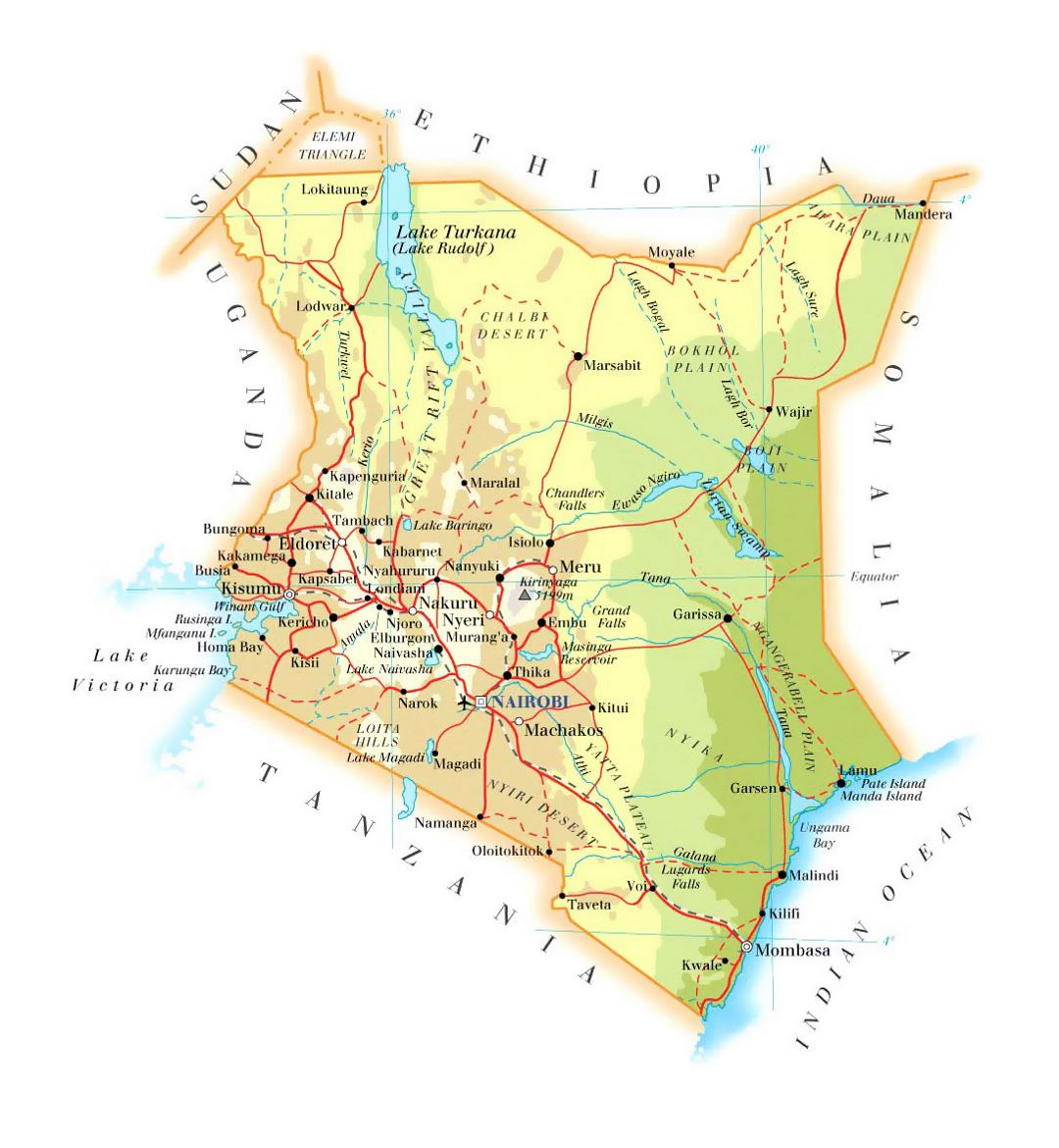 Детальная карта высот Кении с дорогами, городами и аэропортами