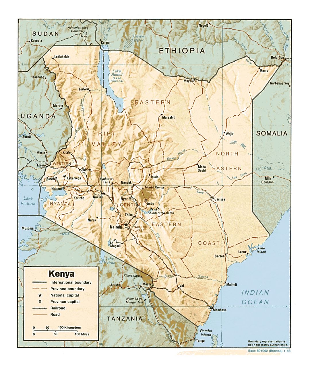 Детальная политическая и административная карта Кении с рельефом, дорогами, железными дорогами и крупными городами - 1988