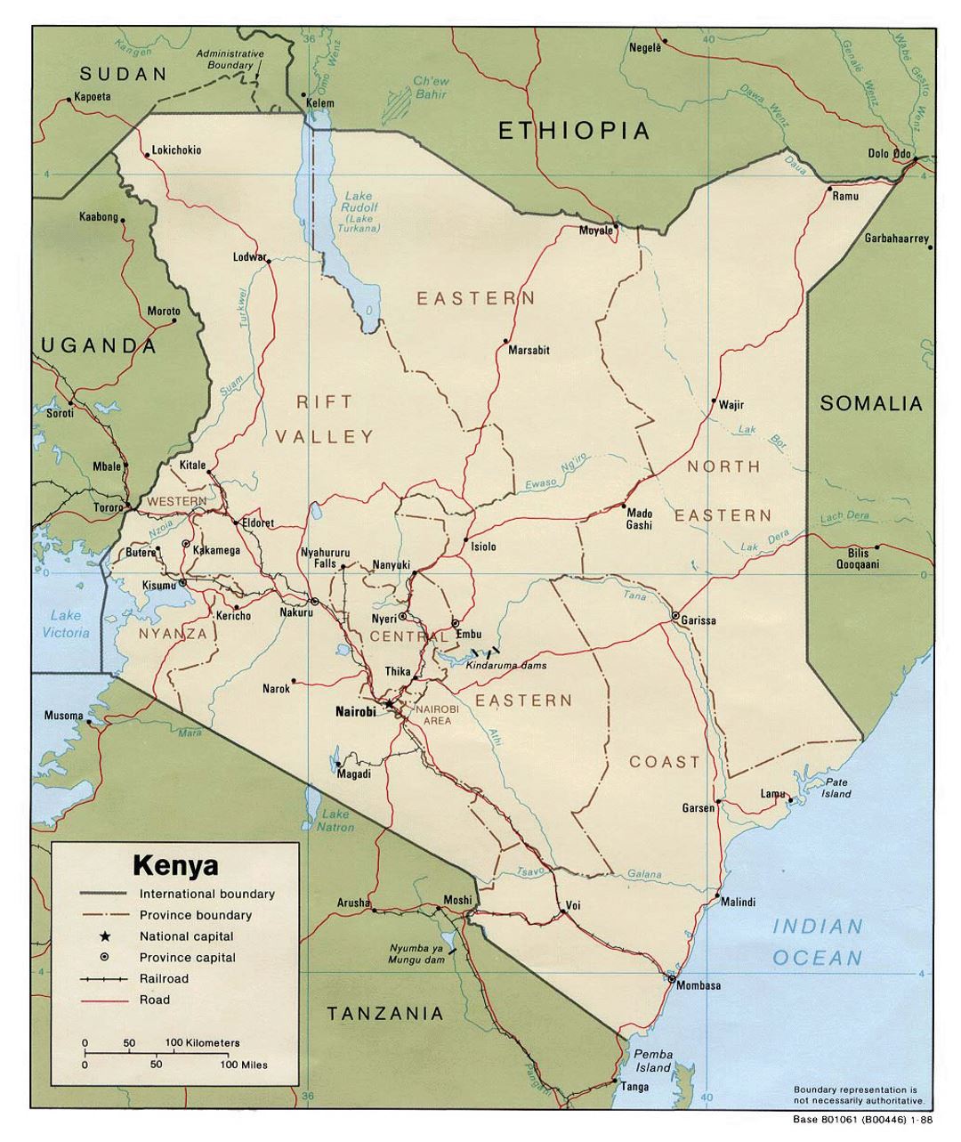 Детальная политическая и административная карта Кении с дорогами, железными дорогами и крупными городами - 1988