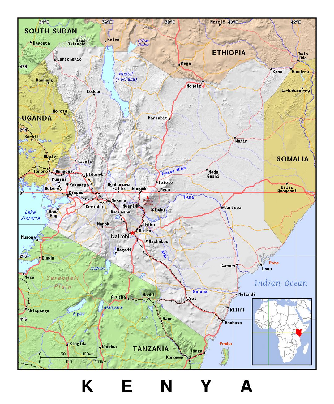 Детальная политическая карта Кении с рельефом