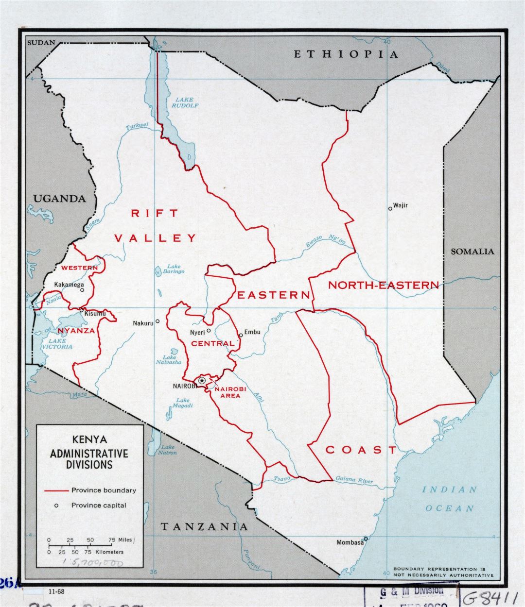 Большая детальная карта административных делений Кении - 1968