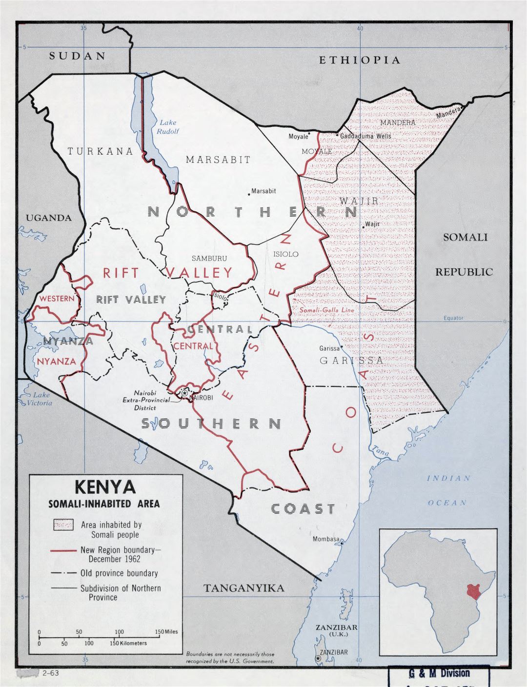 Большая подробная карта Кении с Сомалийским Районом - 1963